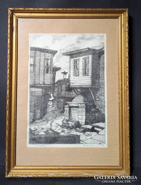 Street scene with B. Bogdanov mark (with frame 37x27 cm)