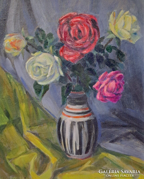 Kálmánfi János (1921-2006) Rózsás csendélet (olajfestmény kerettel) virágok