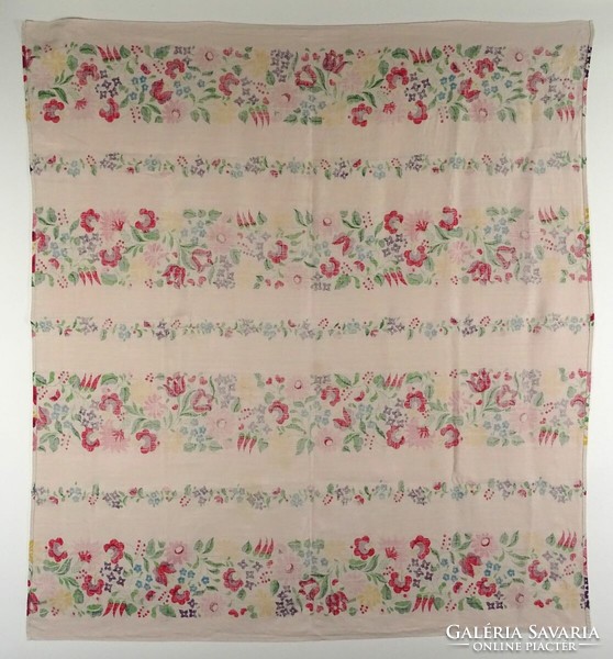1L508 old paprika floral Kalocsa pattern linen tablecloth 125 x 140 cm