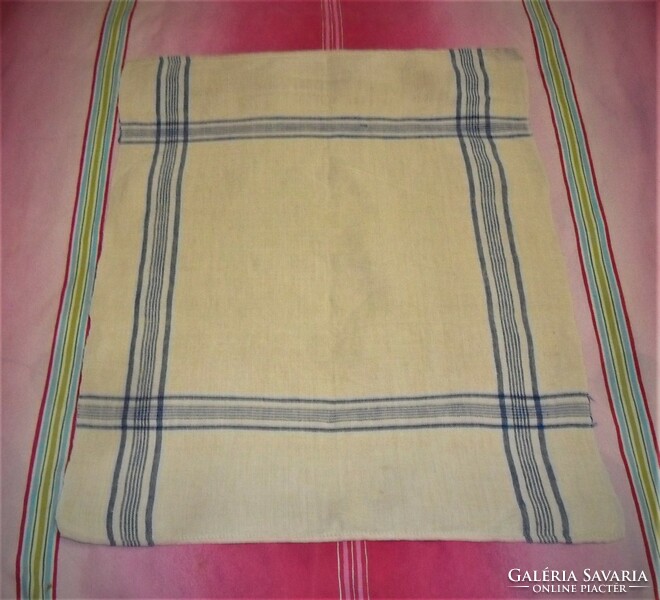 Hand hemmed! Old, folk woven, blue striped linen tea towel, decorative towel 54 x 69 cm
