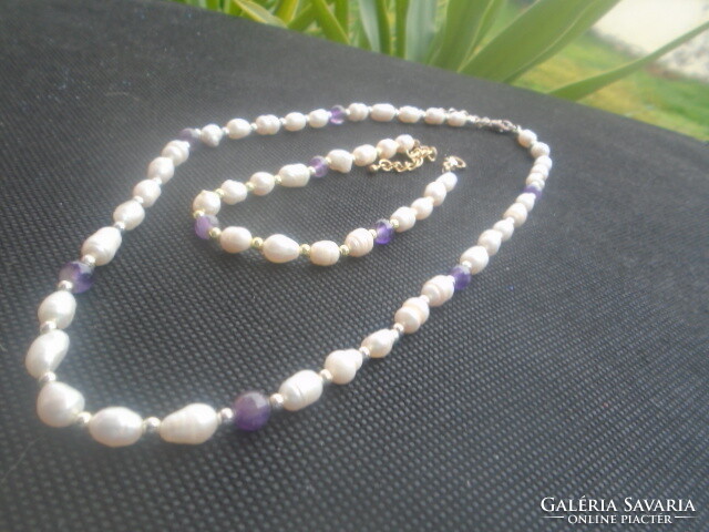 100% natural pearl and amethyst stone addition necklace and bracelet set