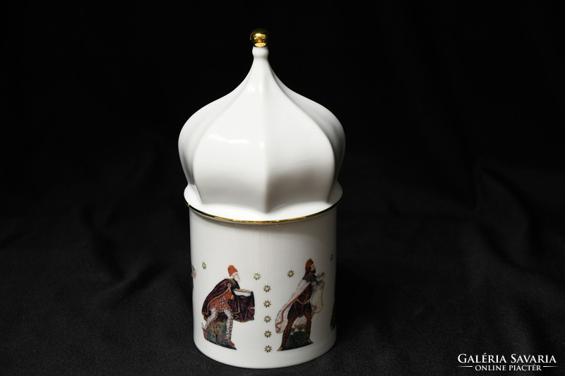 Hollóházi három királyok porcelán bonbonier - Gulyás Kati design - kupolás fedéllel