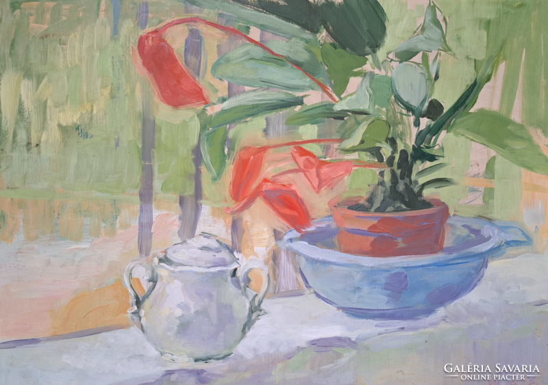 Lajos Császár (1944 - 2009): still life (with frame 53x39 cm) oil, table still life