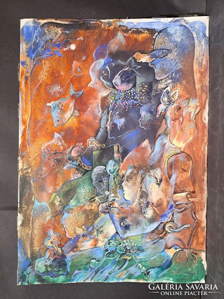 Natalia Bejenaru (1951-): Segítség, hal lettem! (48×34 cm) tempera, 2000, kortárs festőnő - tenger