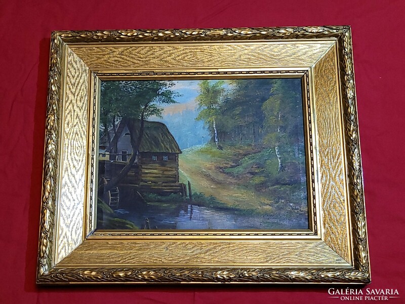Antique 100-year-old painting of a mountain landscape with a stream