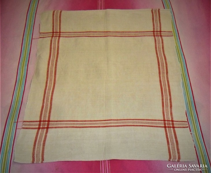 Hand hemmed! Old, folk woven, red striped linen tea towel, decorative towel 56 x 67 cm