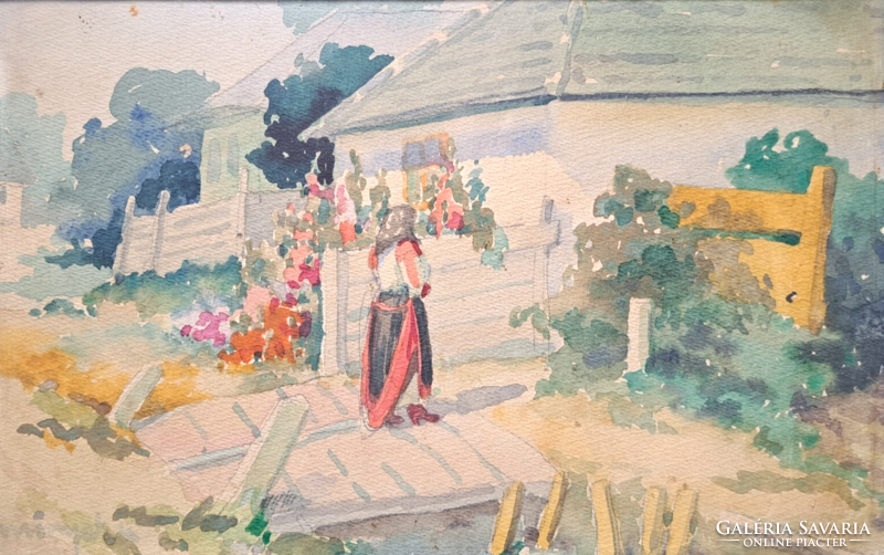 Asszony a faluban (kerettel 36x29 cm) aquarell, paraszti életkép, utcakép
