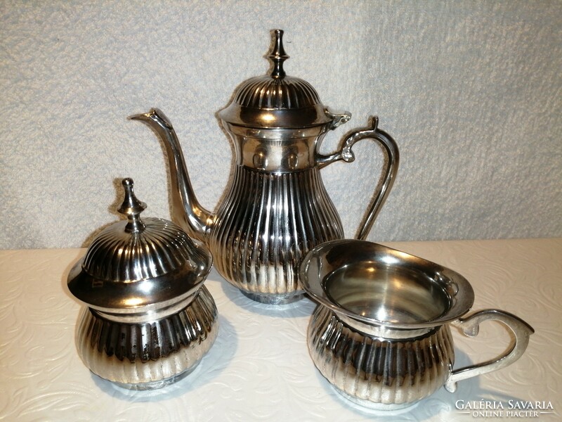 English silver-plated coffee pot + sugar bowl + milk - cream pouring set.