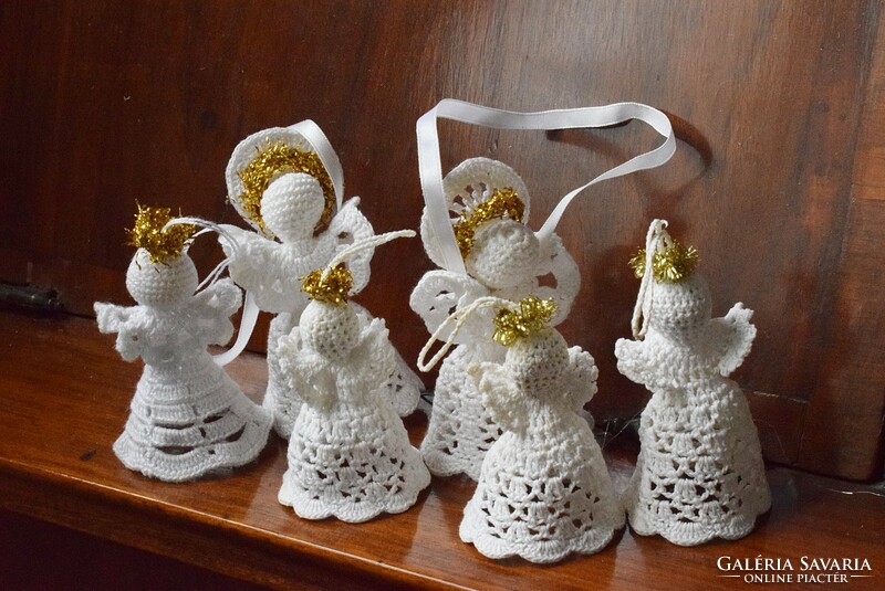 Old retro Christmas tree decoration crocheted angel 6 pieces needlework