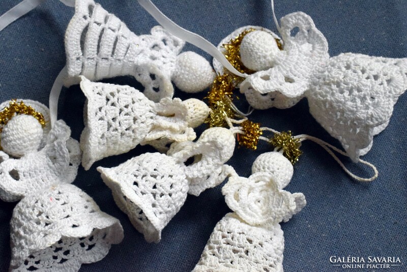 Old retro Christmas tree decoration crocheted angel 6 pieces needlework