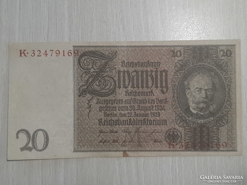 20 márka 1929 Németország Ropogós bankjegy középen egy hajtással