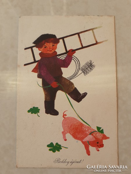Régi újévi képeslap 1965 rajzos levelezőlap kéményseprő malac lóhere