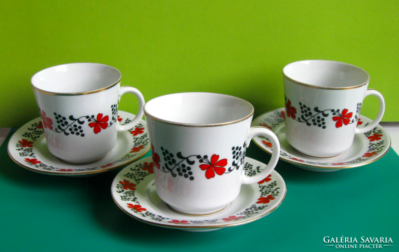 Kalocsa porcelain - hand painted coffee cups with coasters - set of 3 - retro