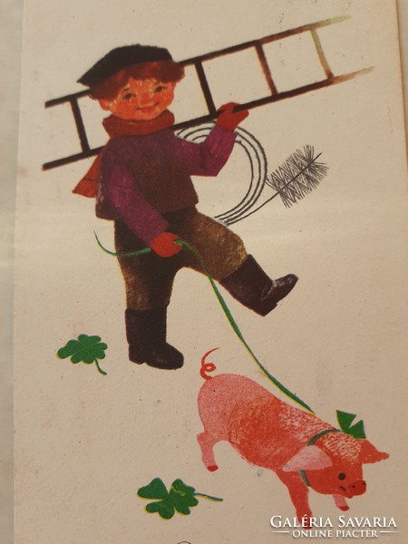 Old New Year's postcard 1965 picture postcard chimney sweep pig clover
