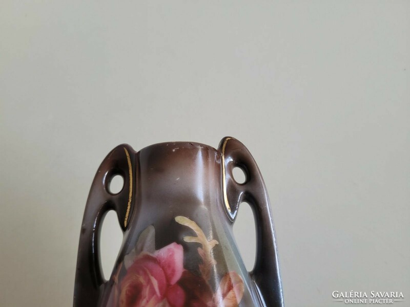 Old antique majolica vase with rose pattern, art nouveau vase