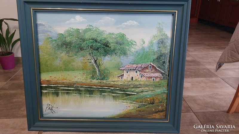 (K) Szép tájkép festmény vízparti házikóval festmény 54x47 cm kerettel