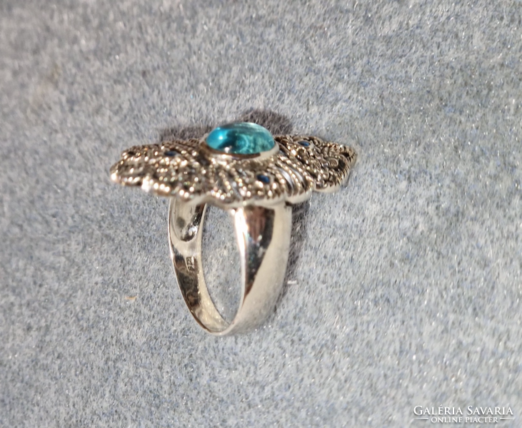 Csodás antik stílusú akvamarin- zafír drágaköves  sterling ezüst gyűrű 925/ - új