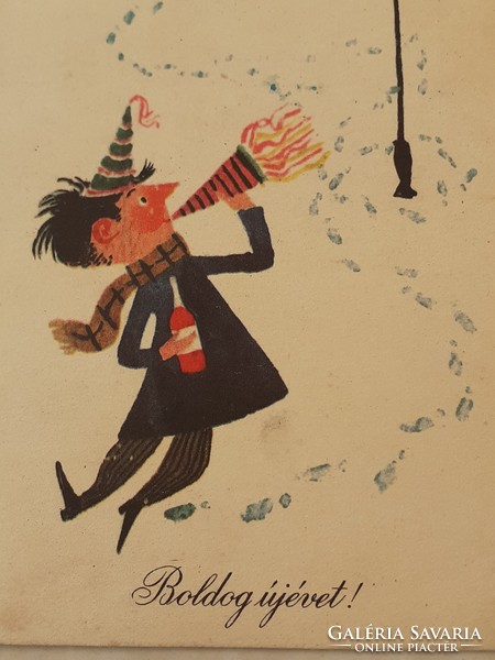 Régi újévi képeslap 1958 rajzos levelezőlap szilveszteri utcai életkép