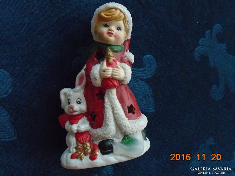 Hand-painted little girl in Santa's hat with candle and dog Christmas biscuit porcelain candlestick