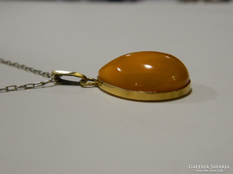 8K gold-plated silver necklace with real amber pendant