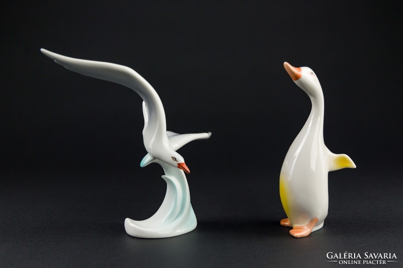 Hollóháza porcelain seagull and goose, marked and numbered