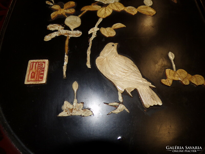 Japán lakk falikép, csont és szarú berakással