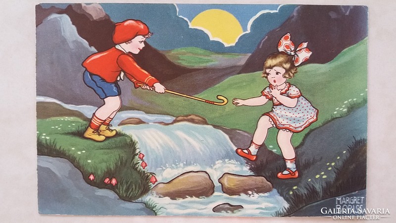 Old postcard Margret Boriss drawing of 1933 kids on the creek
