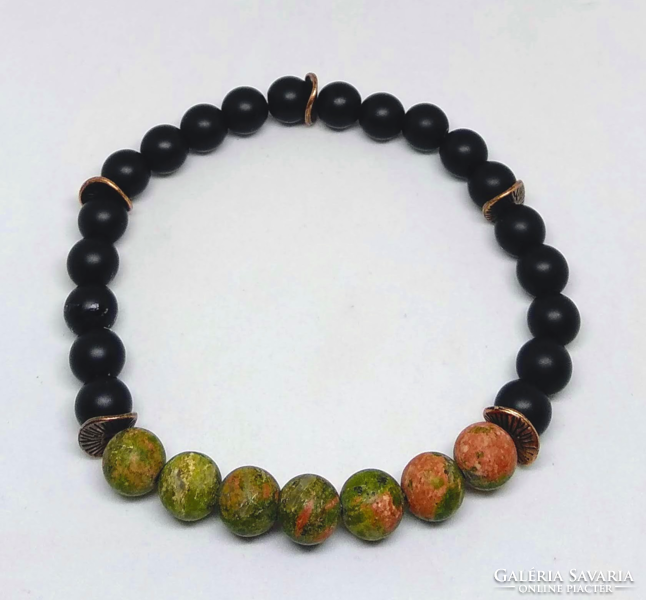 Men's mineral bracelet, matte unakite and matte onyx agate of 8 mm beads