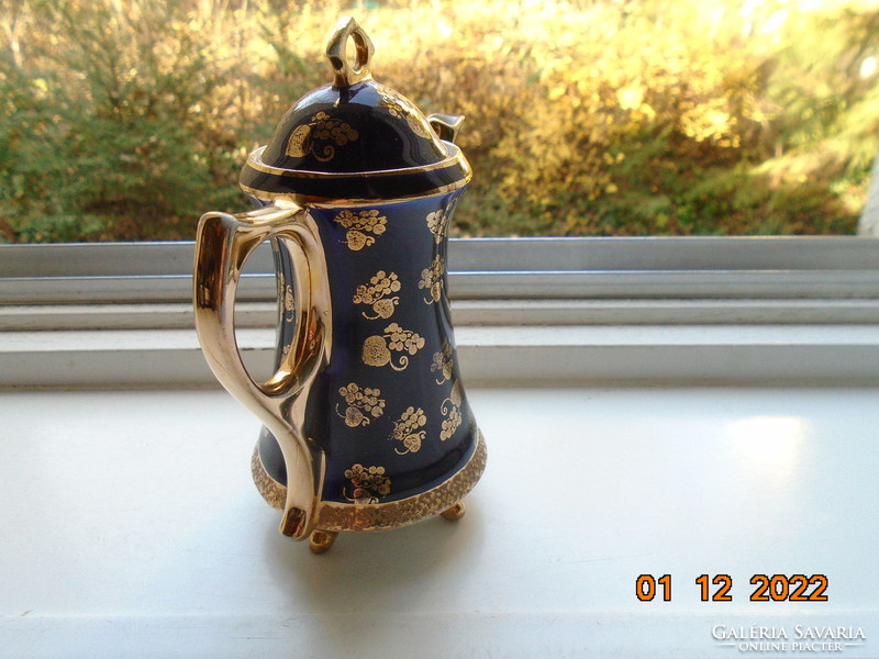 Altwien cobalt gold coffee pourer on 4 legs, hinged scene, gold stylized grape pattern