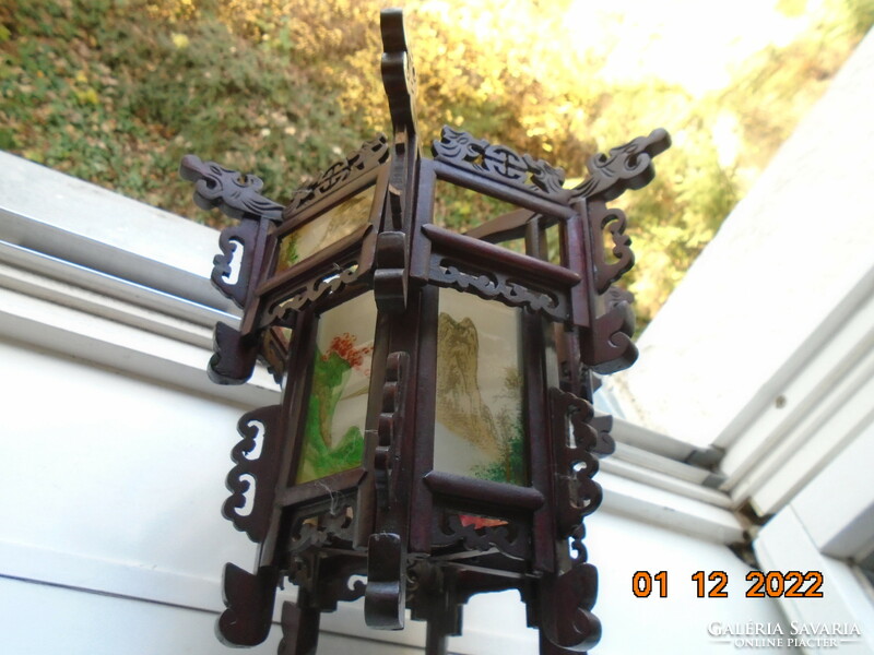 19.sz Kínai Faragott  Lampion Sárkány fejekkel kézzel festett üveg panelekkel tájképekkel