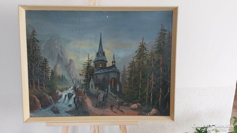 Mesebeli tájképfestmény kis templommal 82x63 cm kerettel