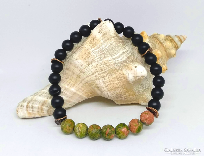 Men's mineral bracelet, matte unakite and matte onyx agate of 8 mm beads