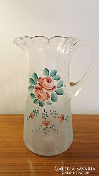 Old huta glass large jug painted rose art nouveau glass jug 25 cm