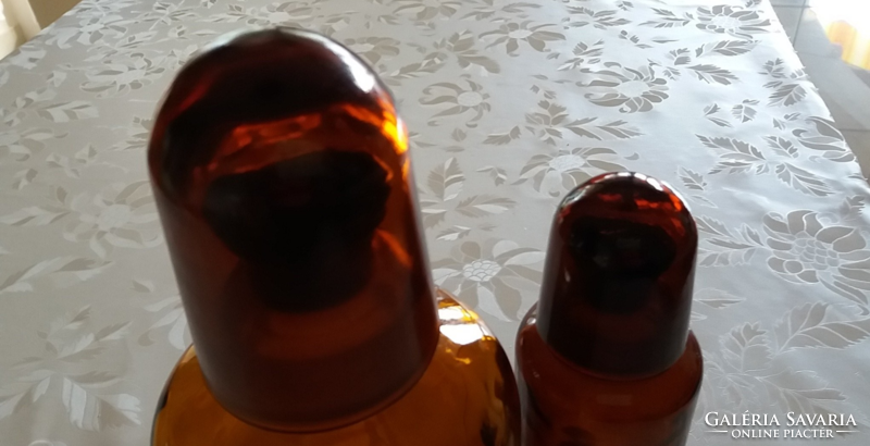 Régi nagy patikaüveg barna gyógyszertári patikai dugós poharas palack 2 db