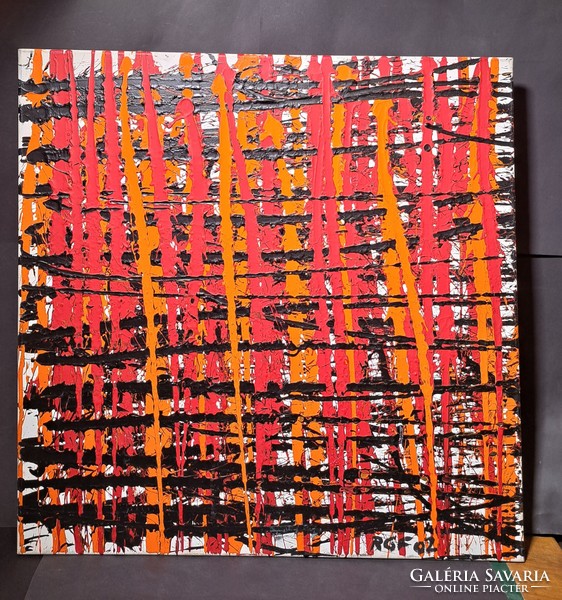 Unique abstract composition marked rgf 02 (oil painting 80x80 cm) red, orange, black square