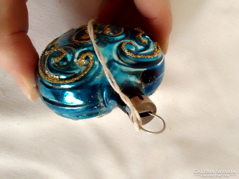 Régi különleges kézzel festett kék arany mintás cseh üveg szív karácsonyfadísz 6 cm