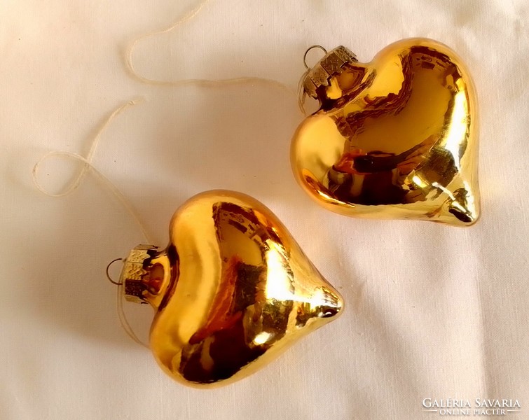 2 régi különleges retro cseh arany szív üveg karácsonyfadísz 4,5 cm