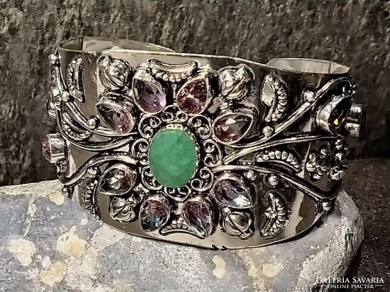 Csodás indiai karperec bicolor turmalinnal ès smaragd   drágakővel - 925 új