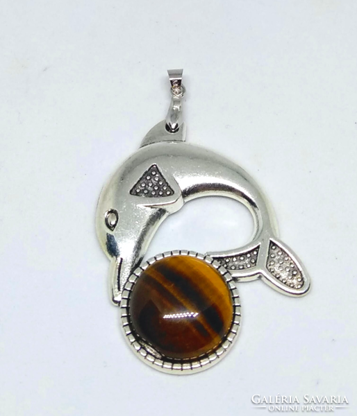 Natural tiger's eye pendant, Tibetan silver in dolphin socket m86448
