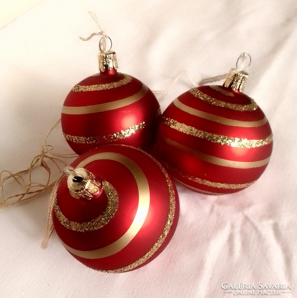 Three old, red gold striped hand-painted craft glass balls Christmas tree ornament 6 cm