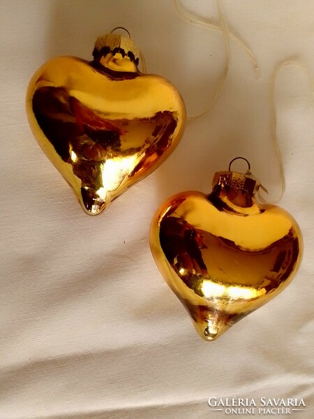 2 Old special retro Czech golden heart glass Christmas tree ornament 4.5 cm