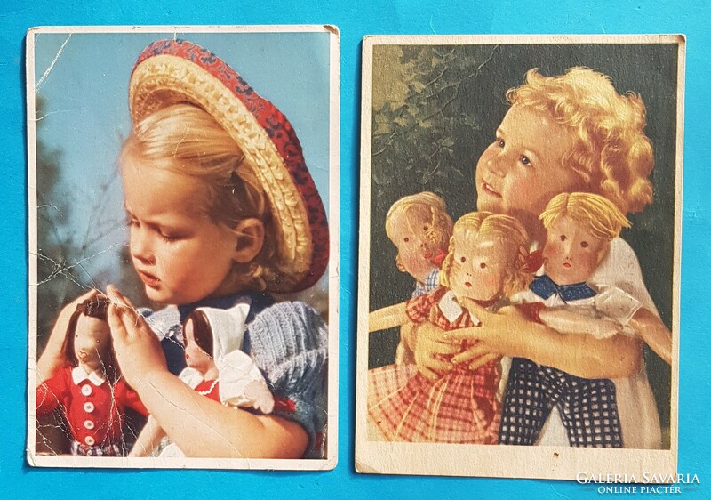 2 Képeslap , Kislány , gyermek és baba , 1945 előtti