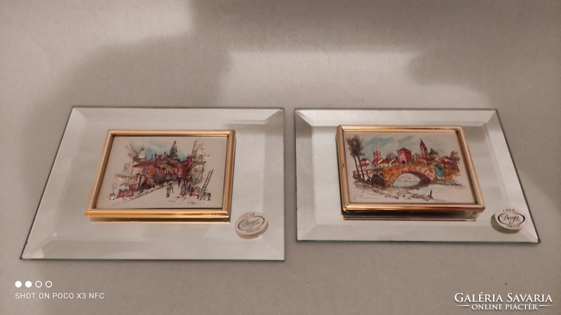 MICSODA AJÁNDÉK LEHET Metszett tükörre applikált aranyozott lapon miniatűr festett kép darabáron