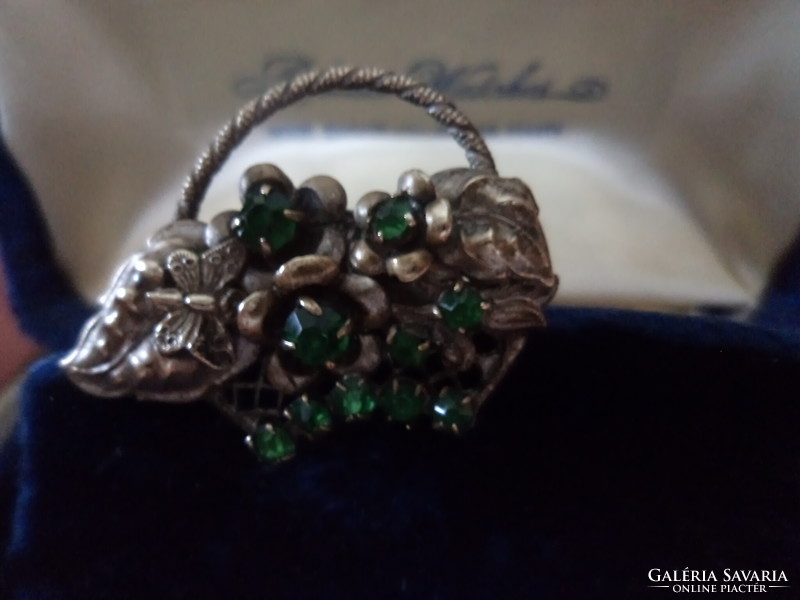 Antique silver plated brooch - decorated with green polished stones