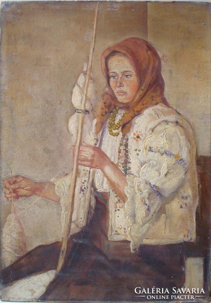 Marked by István Kalmár: young spinning woman