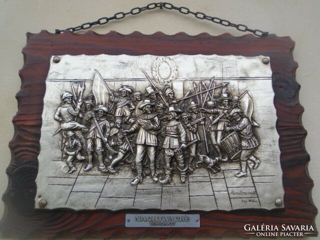 Embossed silver-effect metal wall picture mounted on wood, inspired by a Rembrandt painting