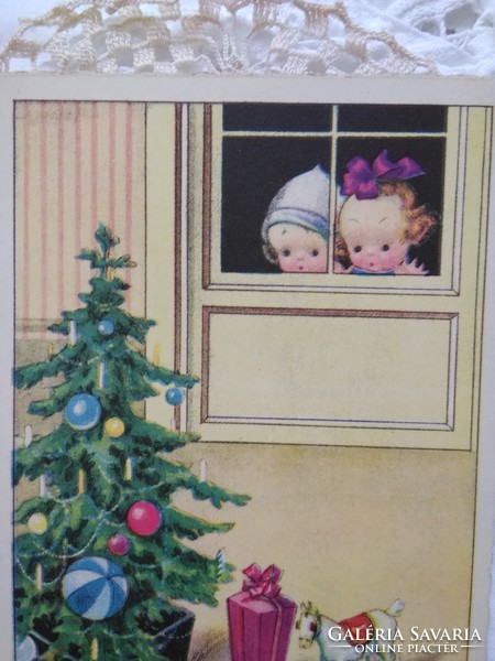 Régi grafikus, karácsonyi képeslap/üdvözlőlap gyerekek, karácsonyfa 1932