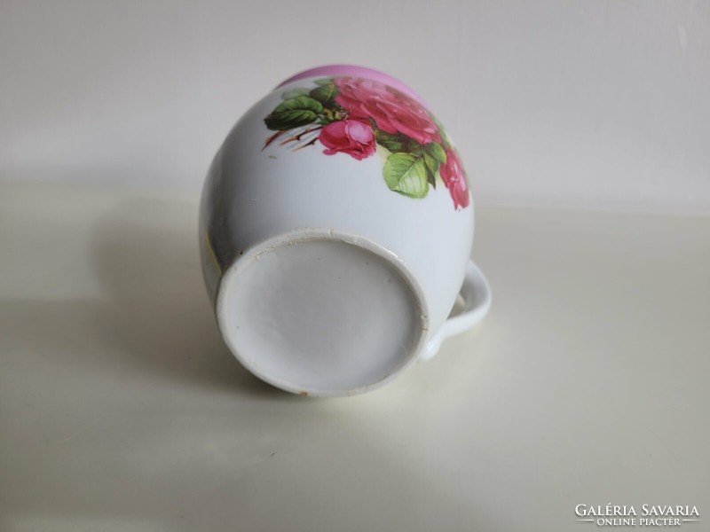 Régi 1 literes porcelán rózsaszín rózsás csupor nagy tejfölös bögre rózsa mintás eozin csíkos szilke