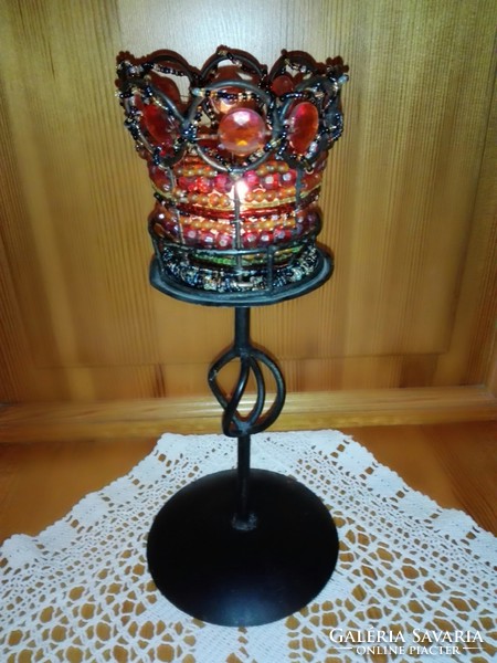 Candlestick, wrought iron with beaded bulb.