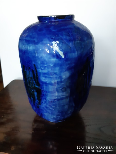 Cobalt blue large vase with glossy glaze with black pattern